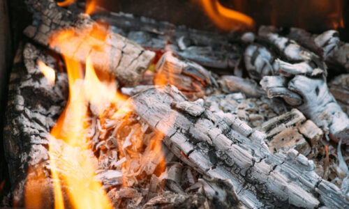 close up of bonfire with flame and firewood
